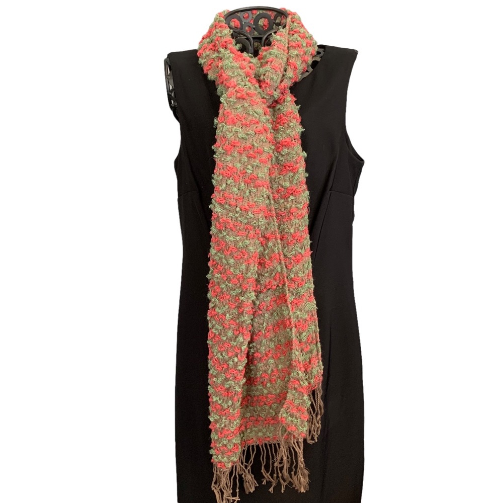 Look by M Rugby Textured Scarf Brown With Coral and Green Stripes